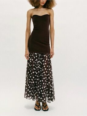 Zara Strapless Brown and White Polka Dot Maxi Dress